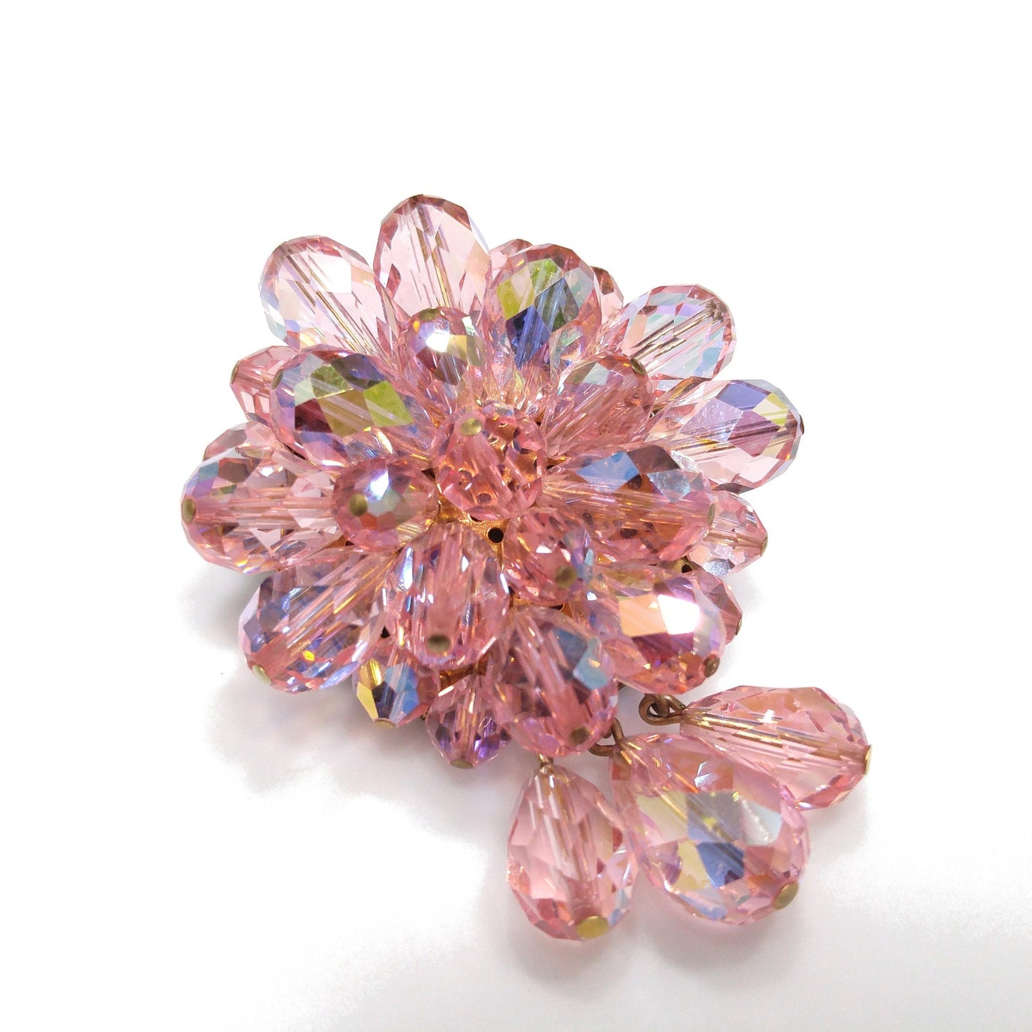 Pink Aurora Borealis Beaded Brooch, Three Bead Dangles, 1960s Vintage Jewelry