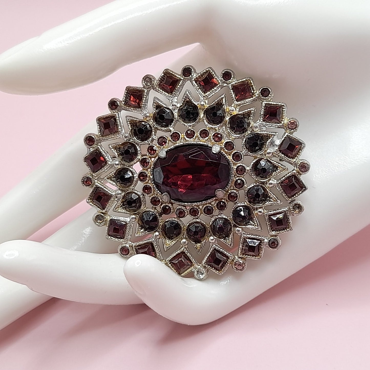 Vintage Purple Rhinestone Oval Brooch, Pot Metal, C Clasp, 1930s