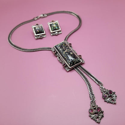 Vintage Selro Lucite Confetti Necklace Earrings Set, Purple Rhinestones, 1960s
