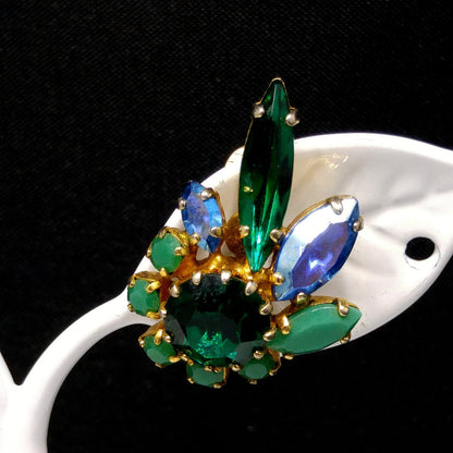 Sherman Green & Blue Rhinestone Earrings, Gold Plated, 1960s Vintage Jewelry