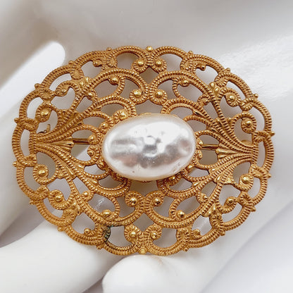 Vintage Miriam Haskell Brooch, Baroque Glass Pearl, Gold Filigree Pin, Designer Signed Jewelry, Mid Century Collectible Gift