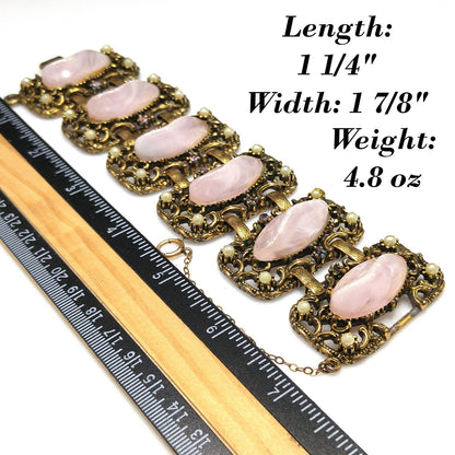 Vintage Chunky Art Glass Wide Bracelet, Pink Glass, 1940s 1950s Vintage Jewelry
