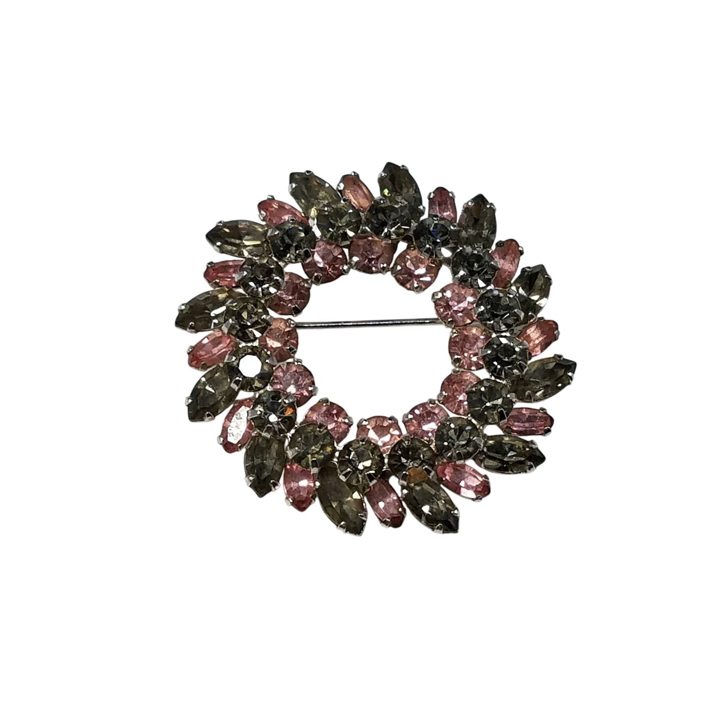 Sherman 1950s Pink & Smoky Gray Rhinestone Wreath Brooch | Rhodium Plated Mid-Century Signed Pin