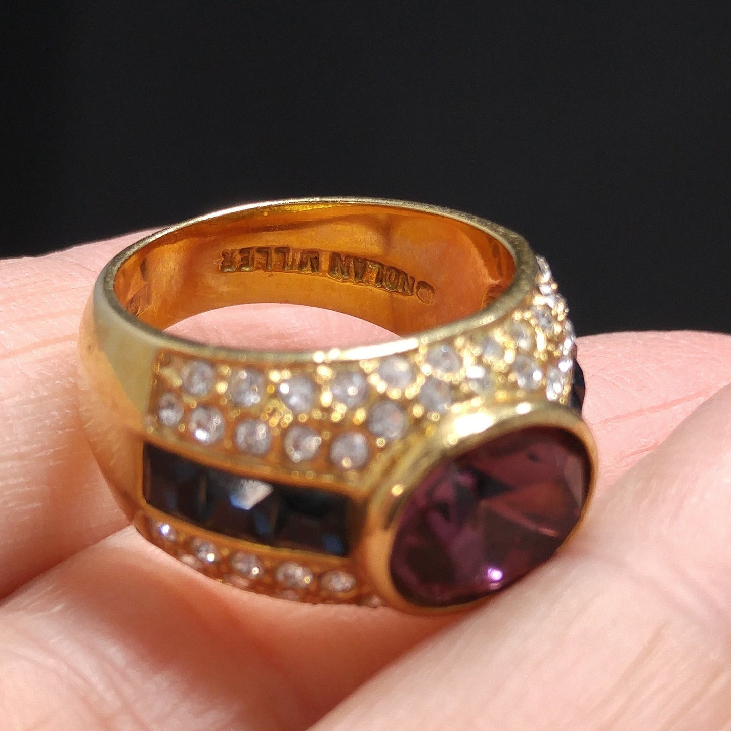 Vintage Nolan Miller Purple Gold Plated Ring, US Size 6 3/4, 1990s