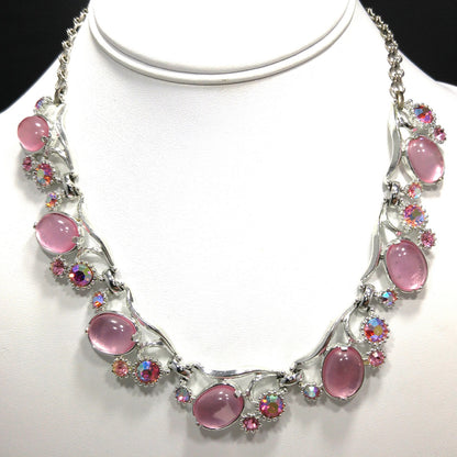 Selro Pink Lucite Necklace & Earrings, Aurora Borealis Pink Rhinestones, 1960s Vintage Jewelry