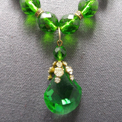 Green Czech Glass Pendant Necklace, Clear Rhinestones, 1950s Vintage Jewelry