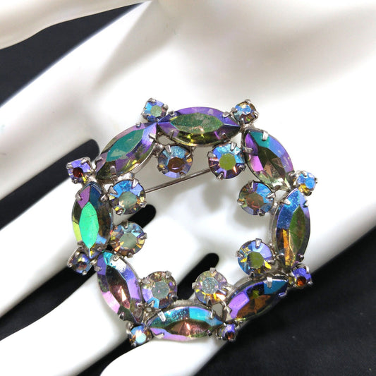 Blue Vitrail Rhinestone Wreath Brooch, 1960s Vintage Jewelry, Rhodium Plated