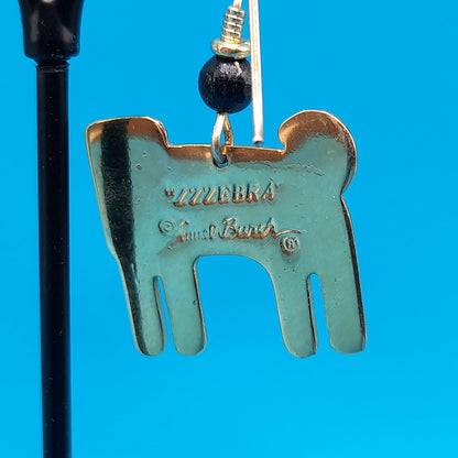 Laurel Burch "Zzzebra" Drop Earrings, Cloisonne Enamel, Gold Plated, 1980s