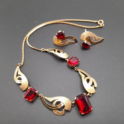Van Dell Red Rhinestone Necklace Earrings Set, 12K GF, Screw Back Earrings, 1940s Vintage Jewelry