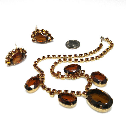 Vintage Topaz Rhinestone Necklace & Earrings, Large Faceted Rhinestones, 1960s Vintage Jewelry