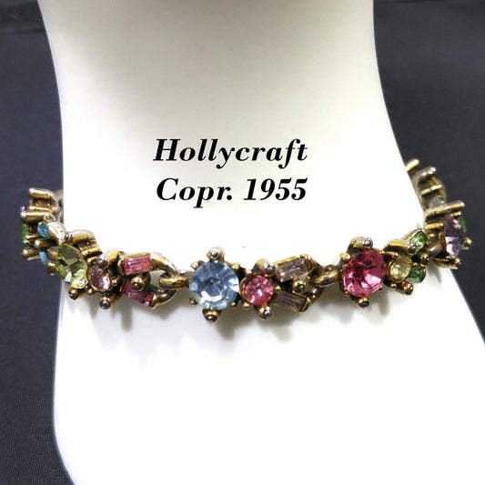 Hollycraft Pastel Rhinestone Bracelet, Stamped Copr 1955, 1950s Vintage Jewelry