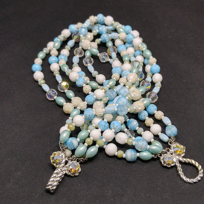 Vendome Blue White Glass Beaded Necklace, 6 Strands, Crystal Beads, 1960s Vintage Jewelry