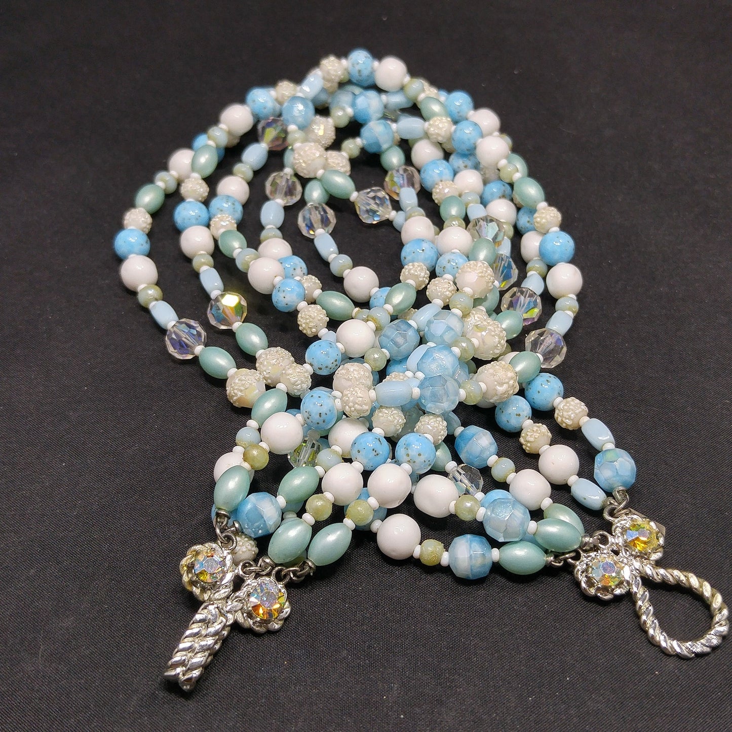 Vintage Vendome Six-Strand Blue White Glass Bead Necklace AB Crystals 1960s