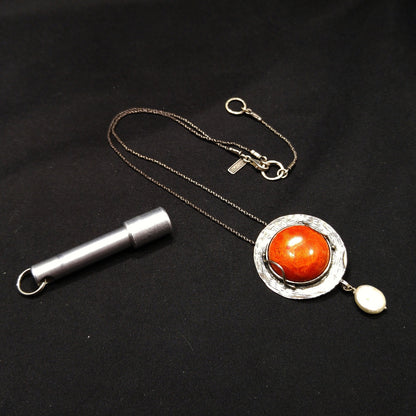 Sterling Silver Israel Artisan Pendant Necklace, Faux Pearl Dangle, 1990s Vintage Jewelry