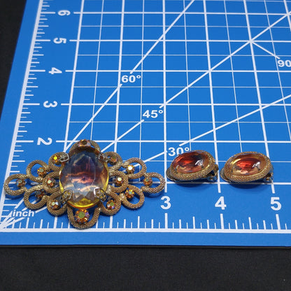 Vintage Gold Pink Large Glass Brooch Earrings Set, Gold Plated, 1960s Vintage Jewelry