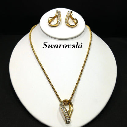 Swarovski Swan Logo Clear Rhinestone Earrings Necklace, 1990s Vintage Jewelry