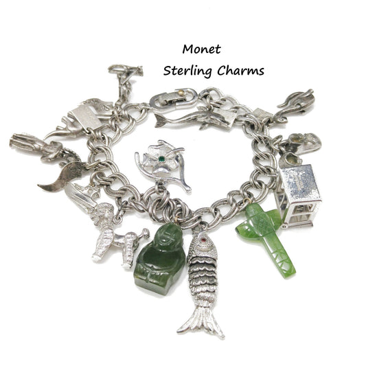 Monet Charm Bracelet, Sterling Gemstone Charms, 1960s Vintage Jewelry