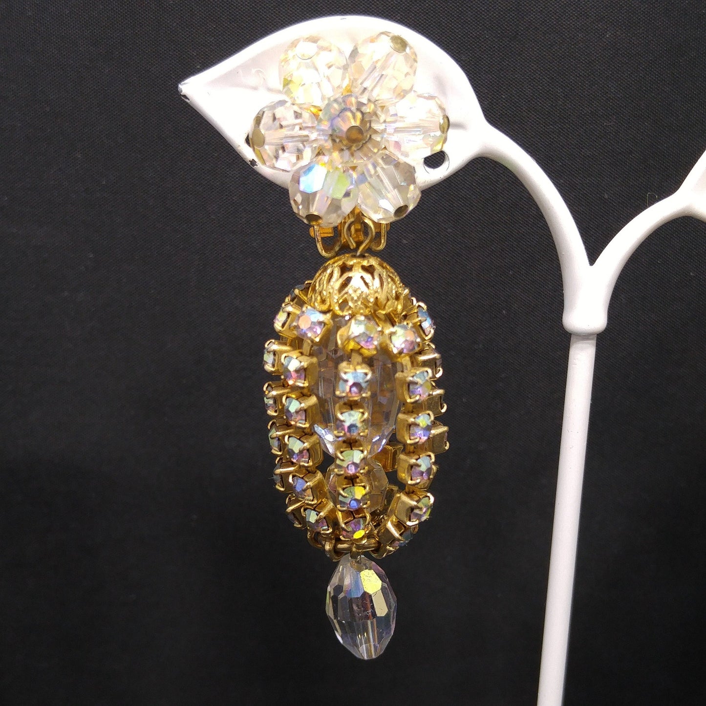 Crystal Rhinestone Dangle Clip Earrings, Aurora Borealis, 1960s Vintage Jewelry