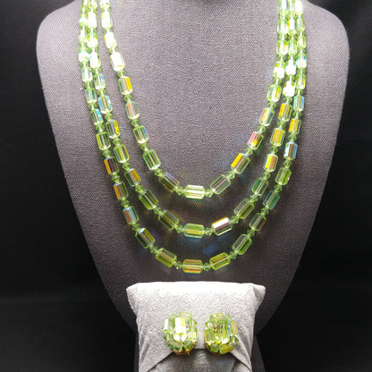 Green AB Barrel Crystal Necklace & Earrings, Austrian Crystal Beads, 1960s Vintage Jewelry