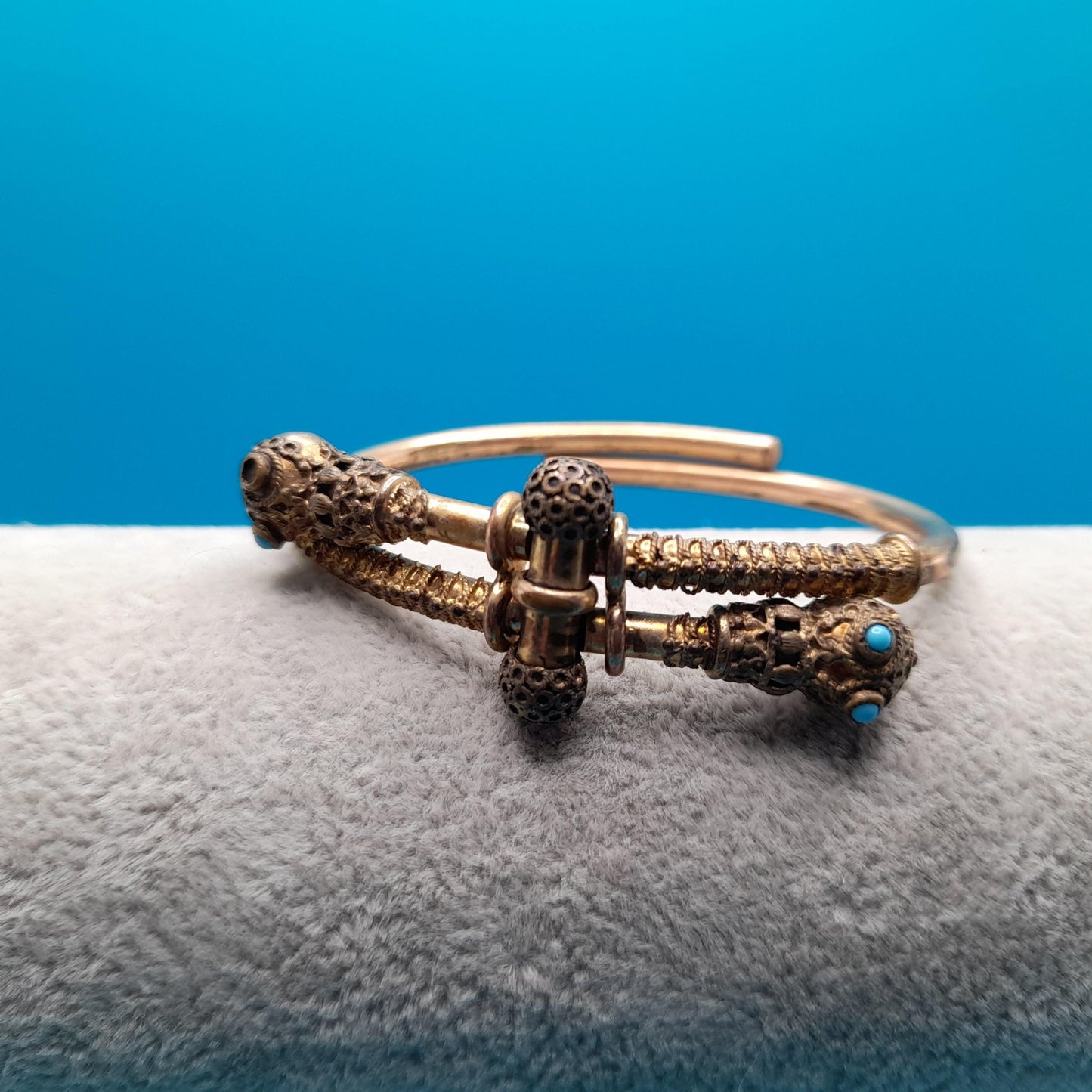 Antique Snake Cuff Bracelet, Gold Filled, Filigree Balls, Turquoise Bead Eyes, Victorian 1800s Jewelry