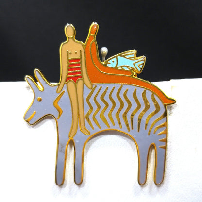 Laurel Burch "Fantasy Friends" Brooch, Cloisonne Enamel, 1980s Vintage Jewelry