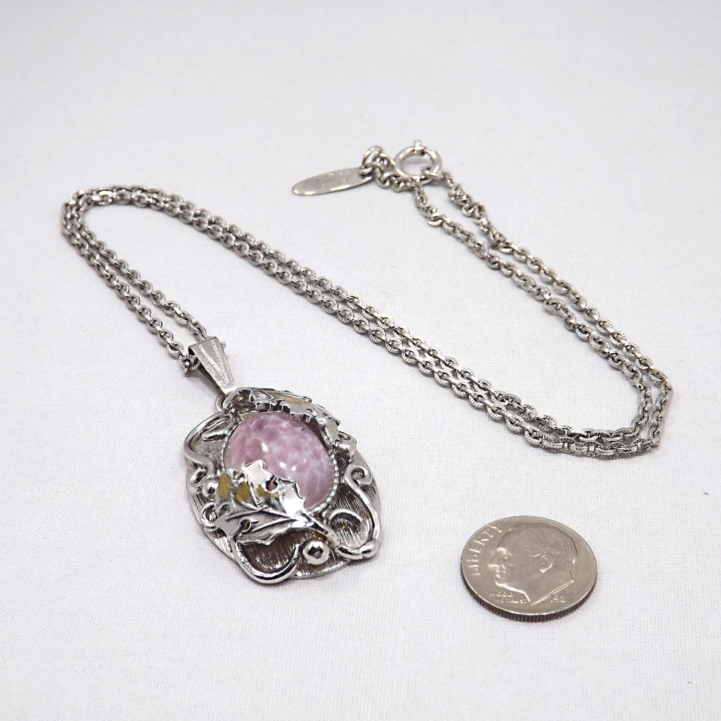 Vintage Whiting & Davis Pendant Necklace Easter Egg Glass Cabochon Silver Tone Floral Frame Vintage Jewelry