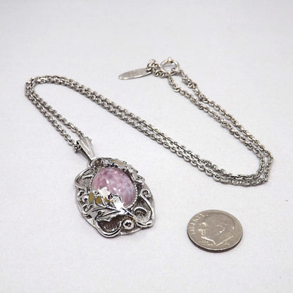 Vintage Whiting & Davis Pendant Necklace Easter Egg Glass Cabochon Silver Tone Floral Frame Vintage Jewelry