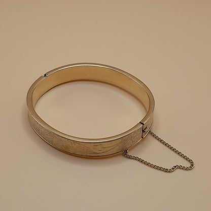 Krementz Floral Hinged Bangle Bracelet, Rolled Gold Overlay, Safety Chain, 1950s Vintage Jewelry