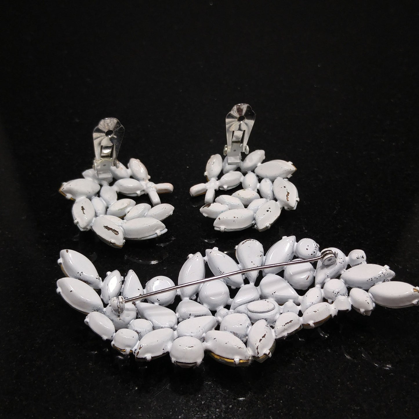 Regency Jewels White Enamel Brooch & Earrings Set, Milk Glass Clear Rhinestones