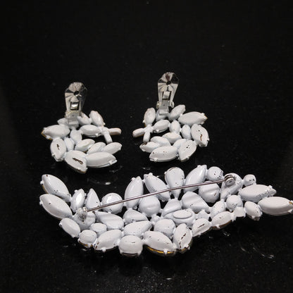 Regency Jewels White Enamel Brooch & Earrings Set, Milk Glass Clear Rhinestones
