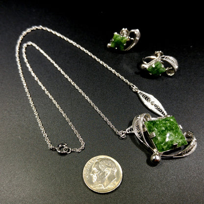 Sorrento Sterling Green Gemstone Necklace Screw Back Earrings Set,
