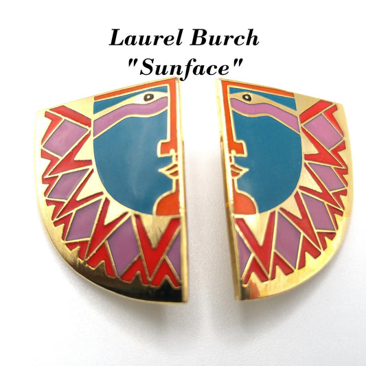 Laurel Burch "Sunface" Clip Earrings, Gold Plated Cloisonne Enamel, 1980s Vintage Jewelry