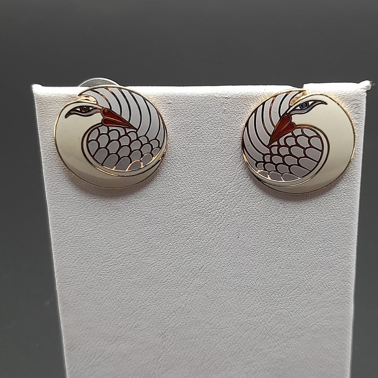Vintage Laurel Burch Mynah Bird Earrings, Cream Orange Enamel, Gold Plated, 3/4 Inch