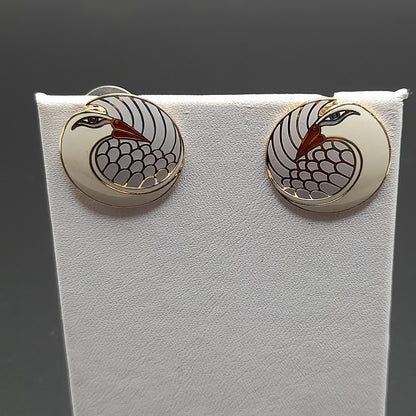 Vintage Laurel Burch Mynah Bird Earrings, Cream Orange Enamel, Gold Plated, 3/4 Inch