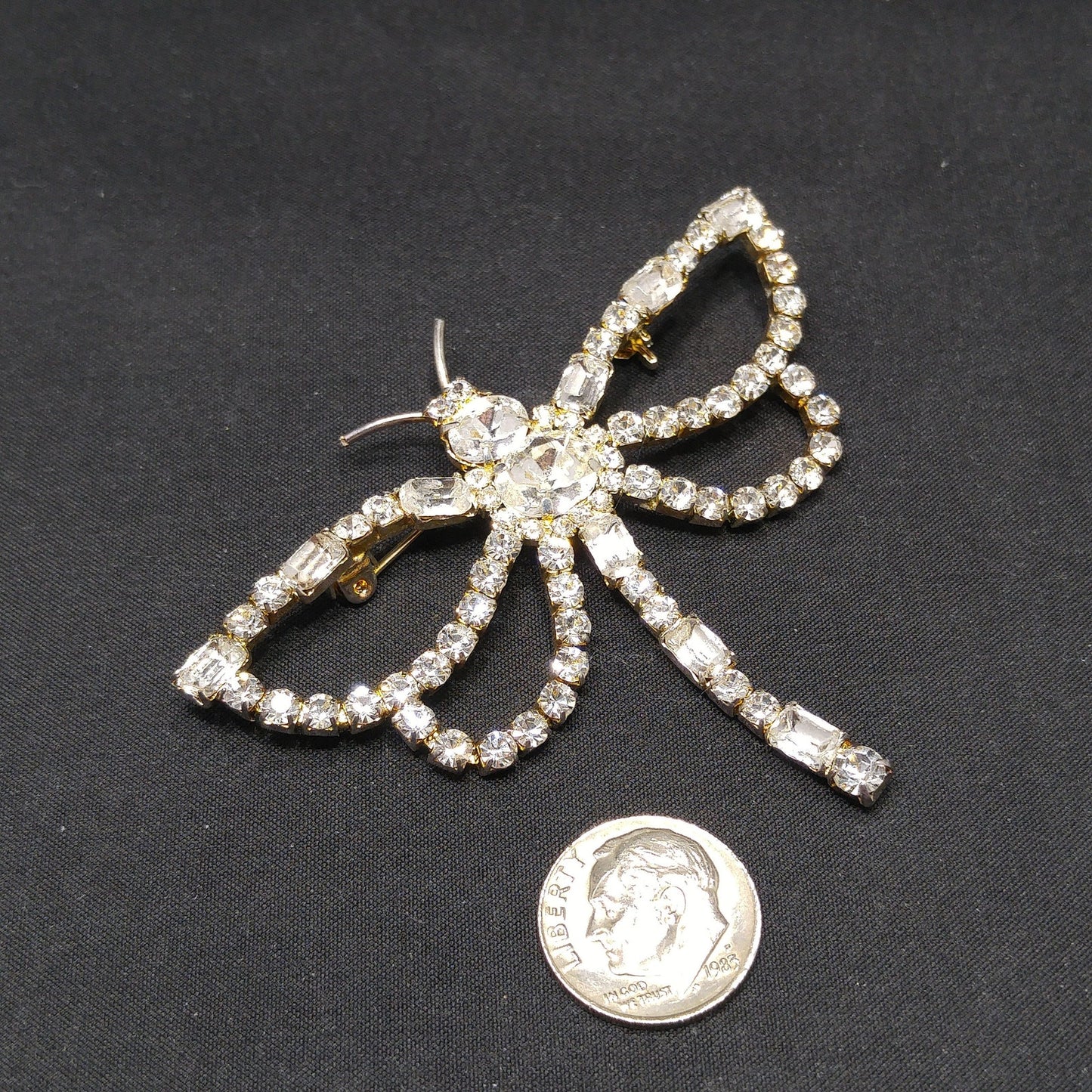 Clear Rhinestone Dragonfly Brooch, Mid-Century, Foil Back Stones, 1950s Vintage Jewelry