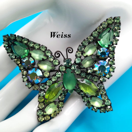 Vintage Weiss Butterfly Brooch, Green Aurora Borealis Rhinestones, Japanned Finish, 1950s Jewelry
