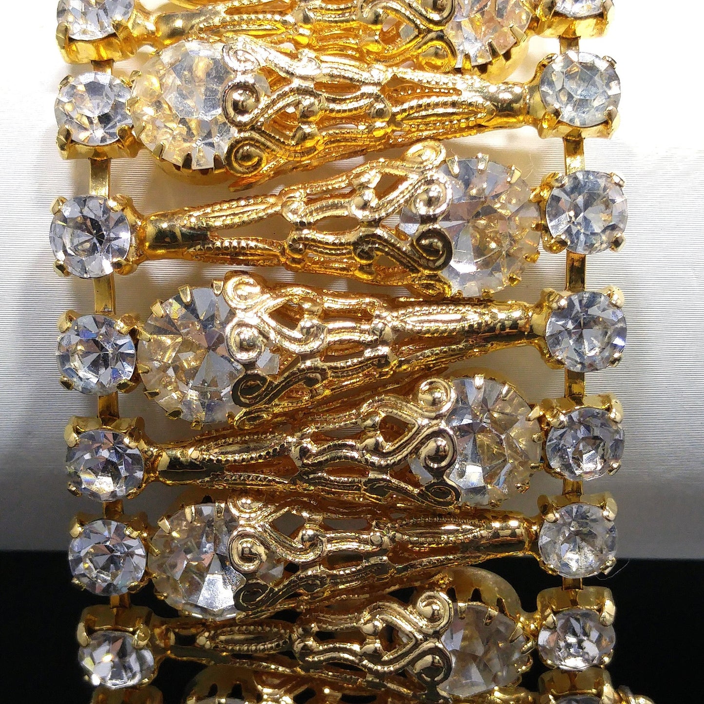 Vintage Clear Rhinestone Wide Filigree Bracelet Gold Tone Safety Chain 1950s