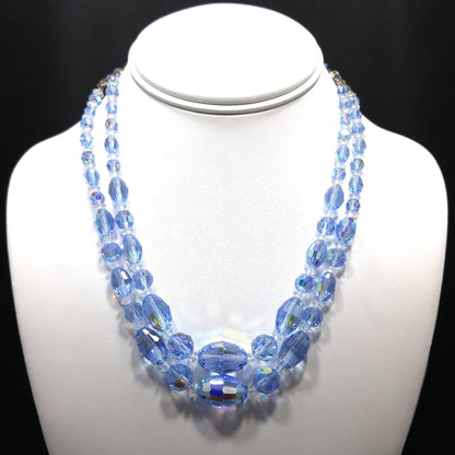 Mid Century Light Blue Oval Crystal Bead Necklace, Two Strands Graduated Sizes, 1950s Vintage Jewelry