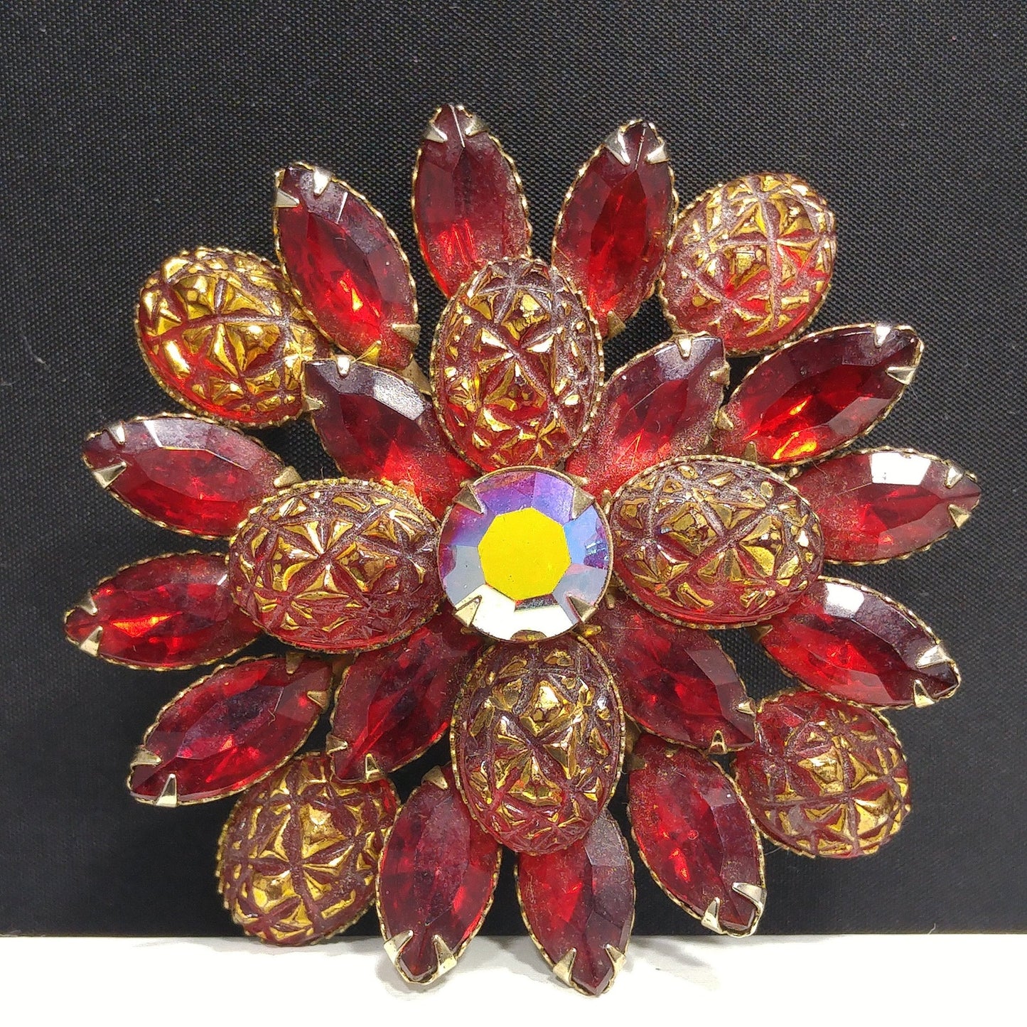 Judy Lee Red Rhinestone Brooch, Red Gold Molded Glass Petals, 1960s Vintage Jewelry