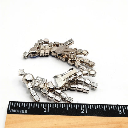 Vintage Blue Rhinestone Ear Climber Earrings Clip On Silver Tone Mid Century