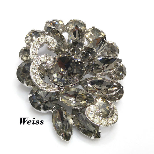 Vintage Weiss Gray Clear Rhinestone Brooch, Rhodium Plated, 1960s