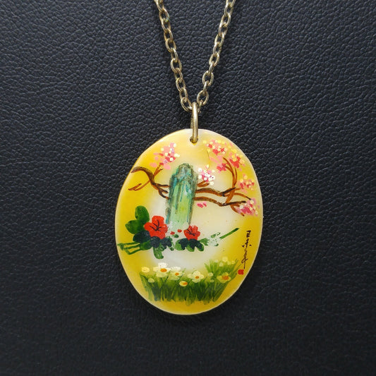 Vintage Asian Hand Painted Shell Pendant, Cherry Blossoms, 1960s Vintage Jewelry
