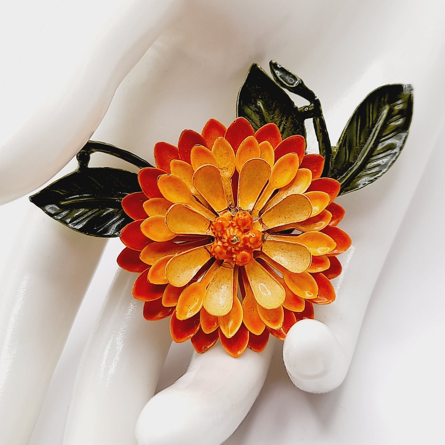 Vintage 1960s Orange Green Enamel Flower Brooch