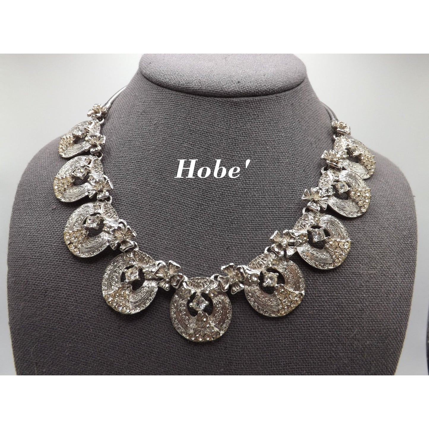 Hobe' Rhodium Plated Clear Rhinestone Choker Necklace, 17 Inches, 1960s Vintage Jewelry