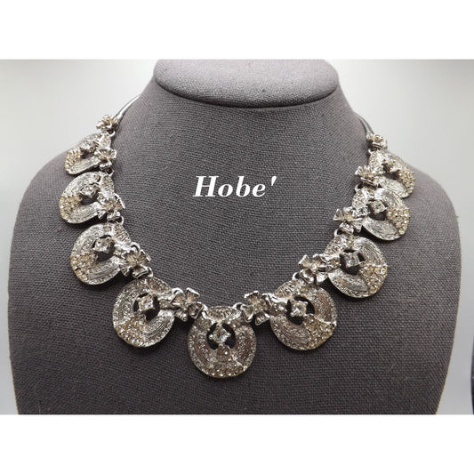 Hobe' Rhodium Plated Clear Rhinestone Choker Necklace, 17 Inches, 1960s Vintage Jewelry