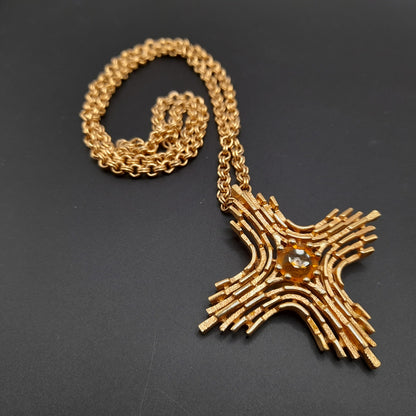 Vintage Sarah Coventry 1970s Yellow Rhinestone Cross Pendant Necklace