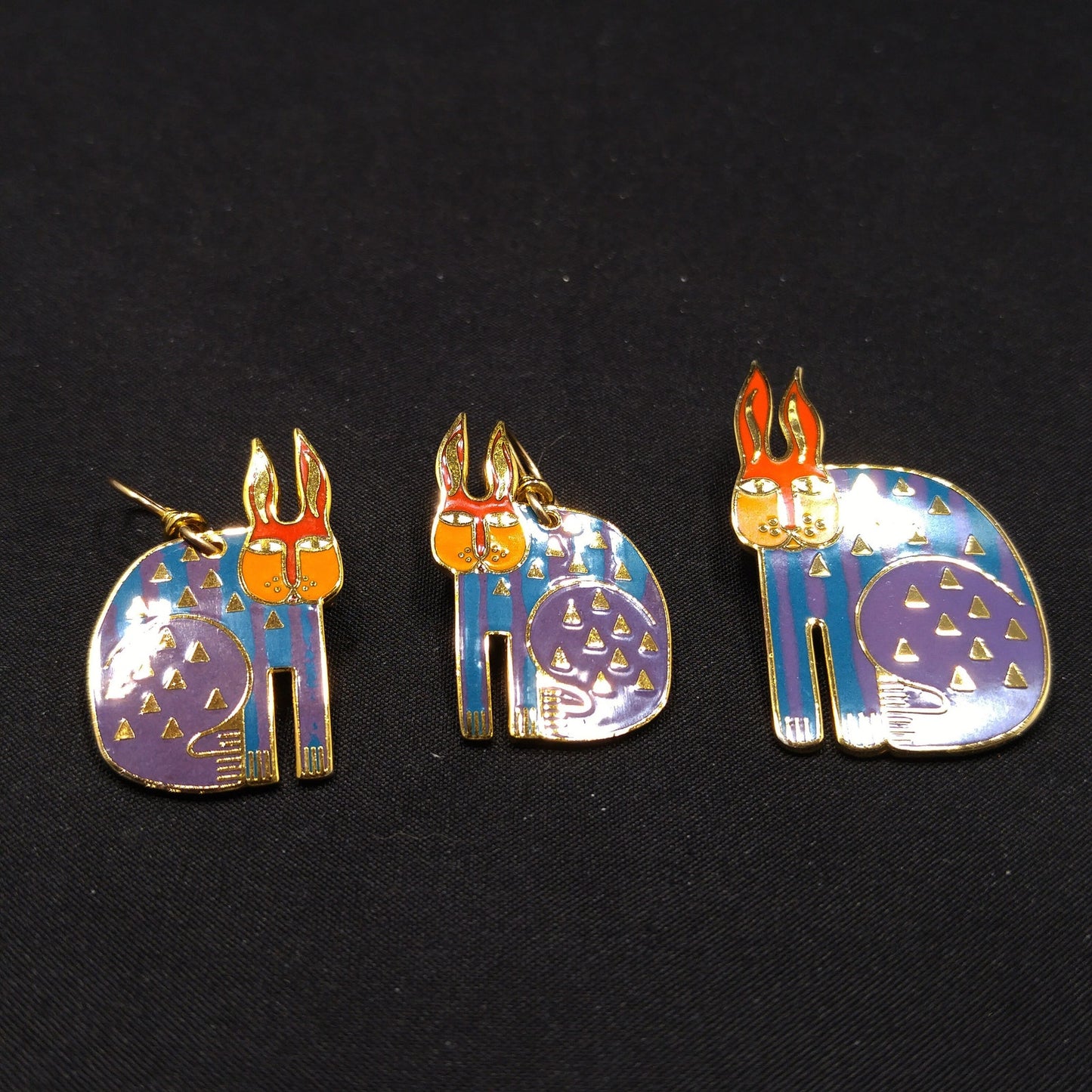 Laurel Burch "Rabbit For Ross" Brooch & Earring Set, Rainbow Enamel, Gold Plated, 1980s