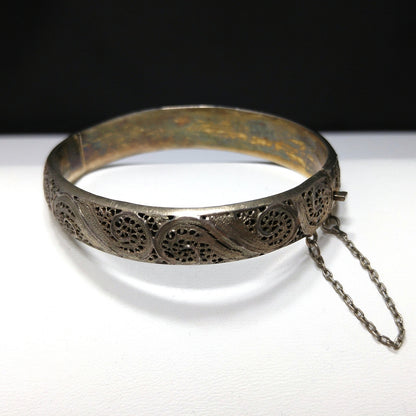 Art Nouveau Silver Filigree Hinged Bracelet, Gold Washed, 1920s Vintage Jewelry