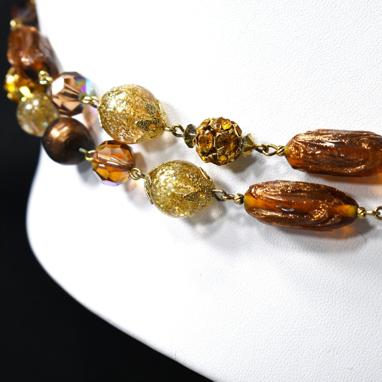Vendome 1950s Two-Strand Topaz & Bronze Art Glass Necklace | AB Swarovski Crystals, Gold Filigree Beads, Signed Hook Clasp