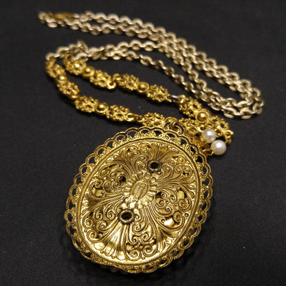 West Germany Floral Ceramic Pendant Necklace, Faux Pearls, 1960s Vintage Jewelry